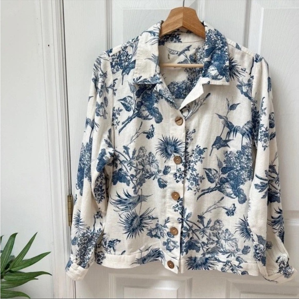 Chico’s Linen Flax Blend Jacket Top Blue POCKETS Button Front Floral Long Sleeve